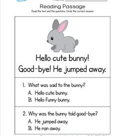 Kindergarten Reading Passages - Bunny. A Kindergarten Reading Comprehension Worksheet.