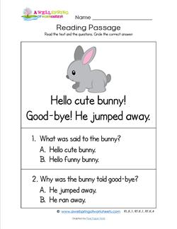 Kindergarten Reading Passages - Bunny. A Kindergarten Reading Comprehension Worksheet.