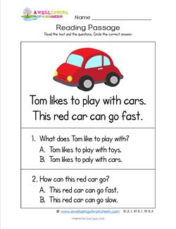 Kindergarten Reading Passages - Car. A Kindergarten Reading Comprehension Worksheet.