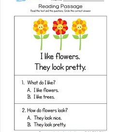 Kindergarten Reading Passages - Flowers. A Kindergarten Reading Comprehension Worksheet.