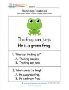 Kindergarten Reading Passages - Frog. A Kindergarten Reading Comprehension Worksheet.