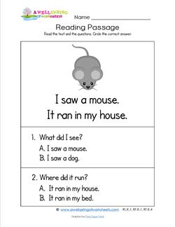 Kindergarten Reading Passages - Mouse. Part of a set of two line, sight word rich reading passages.