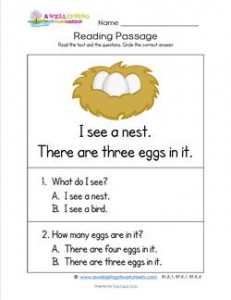 Kindergarten Reading Passages - Nest. Part of a set of two line, sight word rich reading passages.