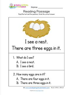 Kindergarten Reading Passages - Nest. Part of a set of two line, sight word rich reading passages.