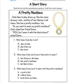 Kindergarten Short Stories - A Pretty Necklace. Three multiple choice reading comprehension questions.