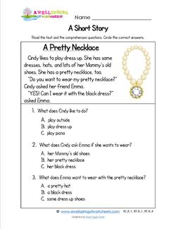 Kindergarten Short Stories - A Pretty Necklace. Three multiple choice reading comprehension questions.