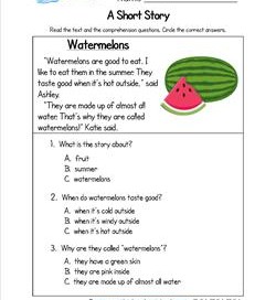 Kindergarten Short Stories - Watermelons. A Kindergarten Reading Comprehension Worksheet w/3 multiple choice questions.