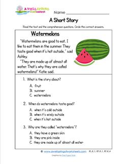 Kindergarten Short Stories - Watermelons. A Kindergarten Reading Comprehension Worksheet w/3 multiple choice questions.