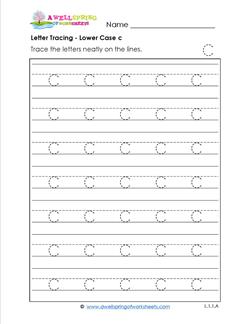 Letter Tracing - Lower Case c - Handwriting Practice Worksheets