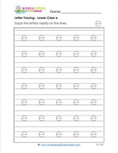 Letter Tracing - Lower Case e - Handwriting Practice Worksheets