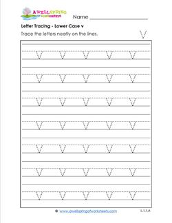 Letter Tracing - Lower Case v - Handwriting Practice Worksheets