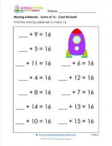 missing addend - sums of 16 - cool rocket