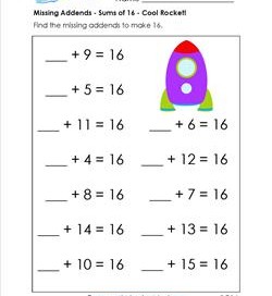 missing addend - sums of 16 - cool rocket