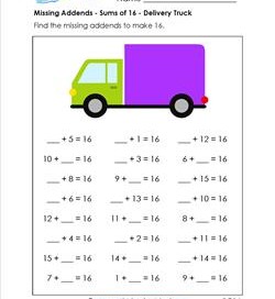 missing addend - sums of 16 - delivery truck