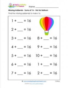 missing addend - sums of 16 - hot air balloon