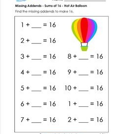 missing addend - sums of 16 - hot air balloon