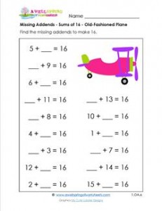 missing addend - sums of 16 - old-fashioned plane