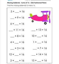 missing addend - sums of 16 - old-fashioned plane