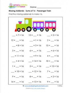 missing addend - sums of 16 - passenger train