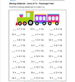 missing addend - sums of 16 - passenger train