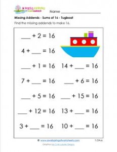 missing addend - sums of 16 - tugboat