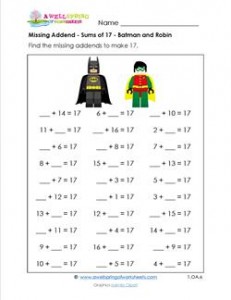 missing addend - sums of 17 - batman and robin