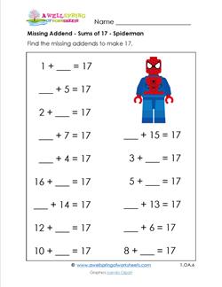missing addend - sums of 17 - spiderman