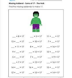 missing addend - sums of 17 - the hulk