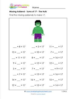 missing addend - sums of 17 - the hulk