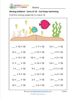 missing addend - sums of 18 - just keep swimming