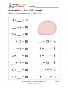 missing addend - sums of 18 - seashell