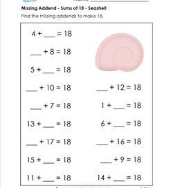 missing addend - sums of 18 - seashell