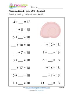 missing addend - sums of 18 - seashell