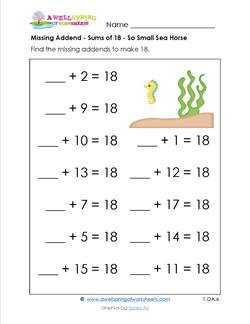 missing addend - sums of 18 - so small sea horse