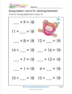 missing addend - sums of 18 - swimming underwater