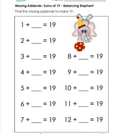 missing addend - sums of 19 - balancing elephant