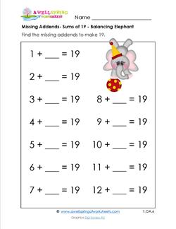 missing addend - sums of 19 - balancing elephant