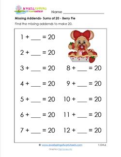 missing addend - sums of 20 - berry pie