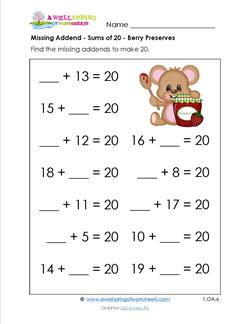 missing addend - sums of 20 - berry preserves