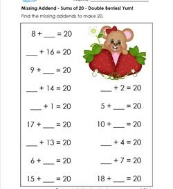 missing addend - sums of 20 - double strawberries yum