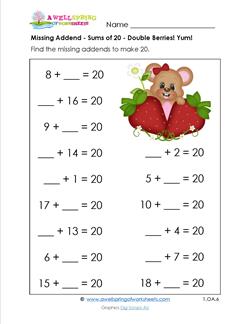 missing addend - sums of 20 - double strawberries yum