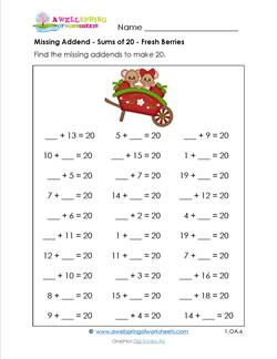 missing addend - sums of 20 - fresh berries