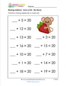 missing addend - sums of 20 - my berry