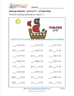 missing addends - sums of 11 - pirate ship