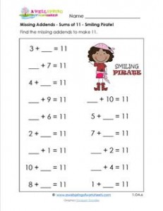 missing addends - sums to 11 - smiling pirate
