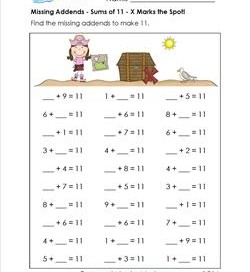 missing addends - sums of 11 - x marks the spot