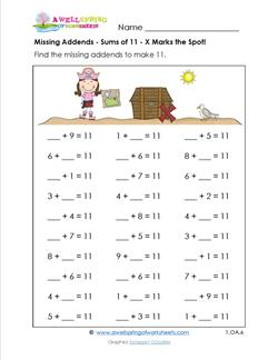 missing addends - sums of 11 - x marks the spot