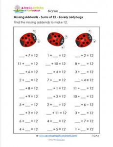missing addends - sums of 12 - lovely ladybugs