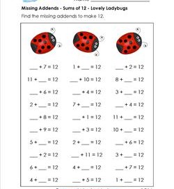 missing addends - sums of 12 - lovely ladybugs