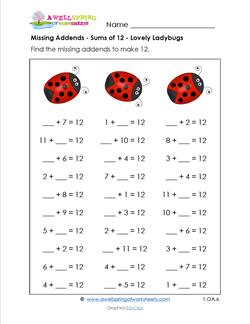 missing addends - sums of 12 - lovely ladybugs